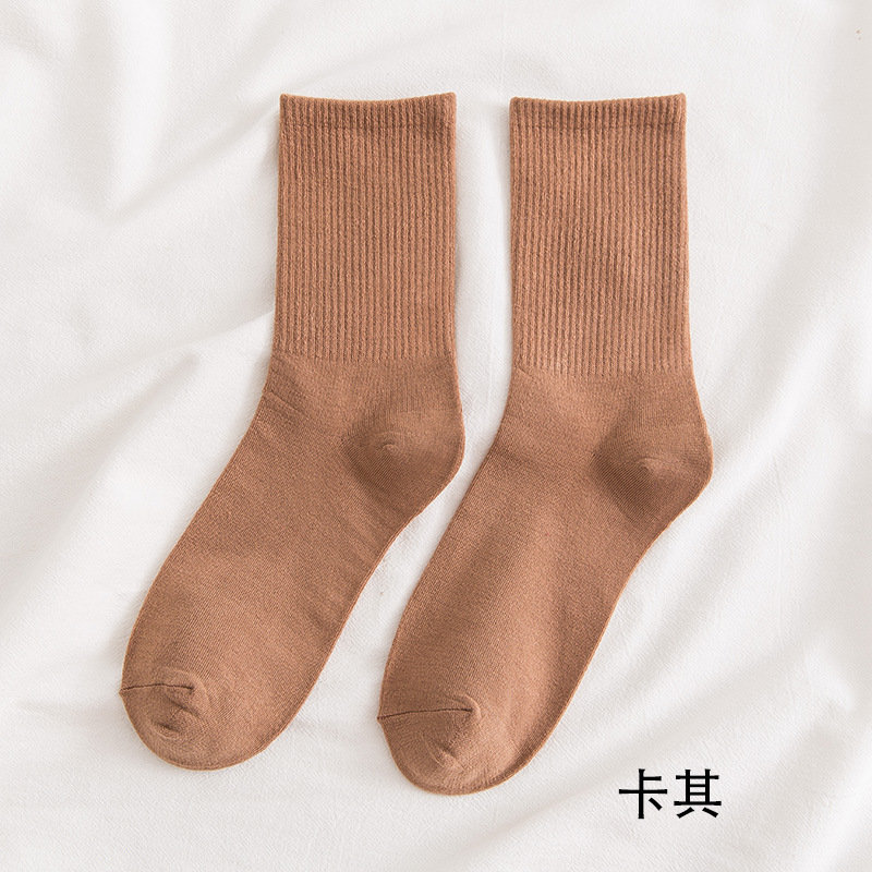 袜子女秋冬纯色棉袜ins潮日系百搭高橡筋女袜韩中长筒堆堆袜长袜卡其