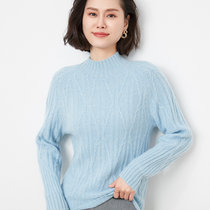2021秋冬新款女半高领毛衣100%纯羊毛衫修身加厚打底气质减龄上衣(S 浅蓝色)