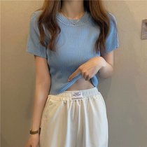 SUNTEK短袖修身t恤2022年新款法式小衫洋气短款紧身冰丝上衣女夏季(L 蓝色)