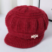 冬季新款中老年帽子女针织毛线帽女士加绒保暖护耳帽子妈妈奶奶帽(南瓜帽紫红色 有弹力)