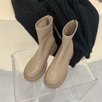 SUNTEK韩版棕色V口显瘦高筒靴女鞋2021年冬季新款圆头长筒靴不过膝长靴(37 奶茶短筒单里361-1)