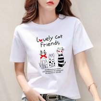 SUNTEK白色短袖t恤女装夏装2021年夏季新款宽松韩版大码半袖女土上衣服(XL 白色短袖【三只猫】)