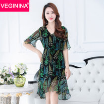 VEGININA 新款系带收腰碎花中长款连衣裙女夏 9609(图片色 XXL)