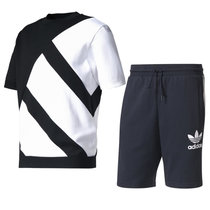 Adidas阿迪达斯三叶男新款运动T恤短袖休闲运动裤针织裤短裤(黑蓝 XL)