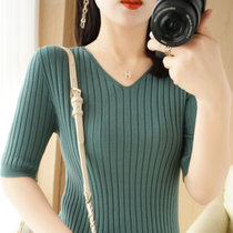 新款提花短袖针织衫女士圆领套头半袖毛衣短款宽松T恤衫打底上衣GH032(墨绿色 S)