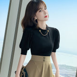 MISS LISA韩版短袖t恤时尚女装泡泡袖上衣C0025(白色 S)