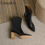 CaldiceKris（中国CK）秋季新款尖头V口骑士高跟中筒女靴（单里）CK-X6992-1(黑色 34)