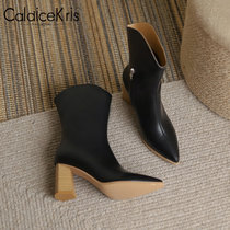 CaldiceKris（中国CK）秋季新款尖头V口骑士高跟中筒女靴（单里）CK-X6992-1(黑色 38)