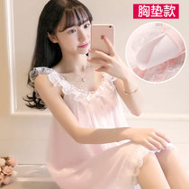 SUNTEK吊带睡裙女夏季薄款性感公主风冰丝睡衣蕾丝宫廷孕妇带胸垫裙子白(虾粉带胸垫)