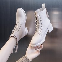 SUNTEK马丁靴女鞋2021新款秋季秋冬百搭粗跟加绒短靴白色棉鞋平底高跟鞋(34 米色绒里)
