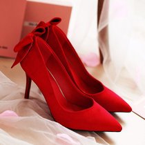 红色结婚鞋子女秋2017新款春季红鞋高跟百搭韩版新娘鞋敬酒婚礼鞋(37)(红色)