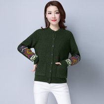 百依恋歌 2017春秋女装新款补丁针织开衫时尚韩版短款百搭圆领毛衣外套 3293(军绿色 均码)