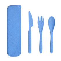 随行塑料小麦秸秆刀叉勺环保餐具套装便携餐具 耐热学生餐具(蓝色 3件套)