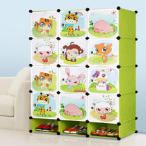 索尔诺 卡通衣柜简易儿童组合衣柜宝宝衣橱婴儿衣物树脂收纳柜(果绿12格带鞋架 A5012)