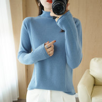秋冬季新款女士半高领卷边针织羊毛衫时尚百搭宽松套头毛衣上衣(天蓝色 XL)