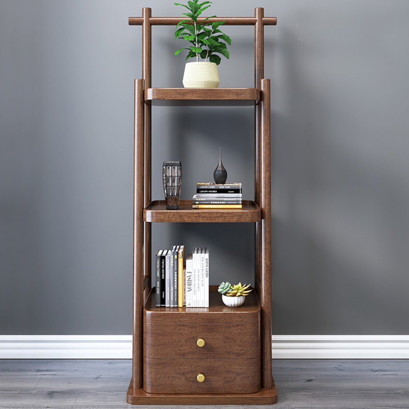 置物架新中式胡桃木置物架落地实木花架简约现代家用客厅收纳一体搁板