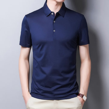 翻领纯色桑蚕丝短袖t恤男冰丝半袖体恤商务休闲t血男装polo衫(深蓝色