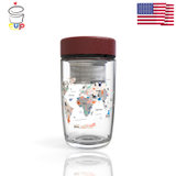 美国cupmystery进口商务仿皮质杯盖卡通世界地图茶隔高硼硅玻璃杯(红盖世界地图 商务仿皮质杯盖)