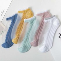 袜子女韩版短袜丝袜女夏季薄款日系水晶袜玻璃丝浅口船袜透明隐形(白色+浅绿+粉色 5双装 玻璃丝（花边款）)