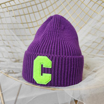 KOUDOO韩版简约大C字母毛线帽子秋季帽女新款减龄保暖护耳针织帽冬学生(紫色 均码)