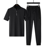 2021夏季男士休闲运动套装印花T恤潮男两件套青少年短袖长裤(黑色 M)