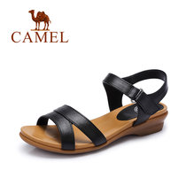 camel骆驼女鞋 2016夏季新款平跟凉鞋 软面舒适真皮休闲平底凉鞋妈妈鞋 A62862615(黑色 35)