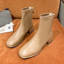 SUNTEK马丁靴女2021年新款春秋单靴网红百搭粗跟鞋子女中跟短靴瘦瘦靴子(37 棕色【单鞋款】)