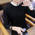 卡郎琪 男士秋冬季新款假两件保暖套头毛衣 韩版衬衫领针织衫假领长袖衬衣带领子上衣潮QCC126-1-850(黑色 XXXL)