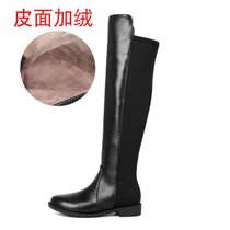 SUNTEK大筒围长靴女过膝显瘦弹力高筒骑士靴平底大码女鞋41-43脚宽胖MM(36 黑色皮面【绒里】)