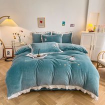 牛奶绒刺绣四件套冬季加厚素色床单被套保暖床上用品1.5/1.8米(小天使雪青)