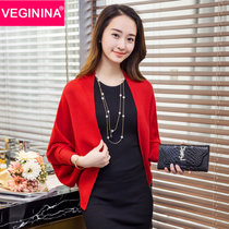 VEGININA 韩版短款开衫蝙蝠袖毛衣女薄款 3209(红色 均码)