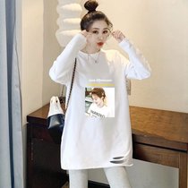 SUNTEK长袖白色t恤女秋冬洋气中长款ins打底衫2022春秋新款宽松上衣(M 常规款【WARN女孩】)
