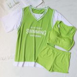 泳衣女分体运动款宽松三件套遮肚显瘦泡温泉保守球服学生新款2021(绿色 66 L （建议90-110斤）)