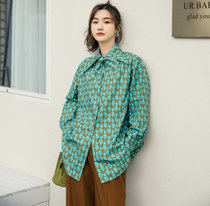 MISS LISA早春新款女设计感印花衬衫宽松中长款长袖衬衣X1078(绿色 S)