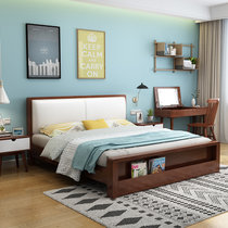 恒兴达 北欧简约软包软靠床 1.5m1.8米现代经济小户型日式双人实木床家具(1.8*2米胡桃色 床+床垫+床头柜*2)