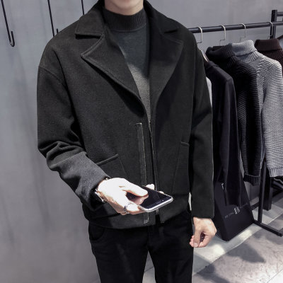 2018新款秋冬季韩版男士风衣毛呢大衣休闲外套短款呢子大衣(黑色 M)
