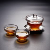心轩 玻璃盖碗日式锤目纹手抓壶功夫茶具加厚耐热三才盖碗泡茶器(手工磨砂盖碗+底座+2个BZ8 默认版本)