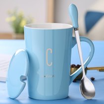 创意早餐杯子陶瓷马克杯带盖勺喝水杯男女生情侣咖啡杯办公室茶杯(天蓝款-C)