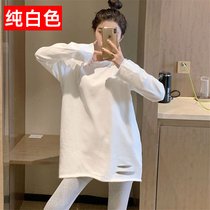 SUNTEK白色打底衫女内搭t恤女长袖2022年新款春秋中长款加绒上衣(XXL 白色不加绒【纯色】)