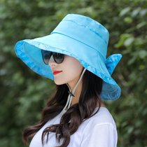SUNTEK帽子女夏大沿遮阳帽遮脸时尚百搭折叠渔夫凉帽防晒大帽檐太阳帽女(可折叠（收藏加购送袖套） 帽檐花边蝴蝶结 遮阳帽（天蓝色）)
