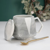 陶瓷杯子北欧ins可爱夏带盖勺马克杯咖啡杯一对潮流男女情侣水杯(钻石 灰+勺盖)