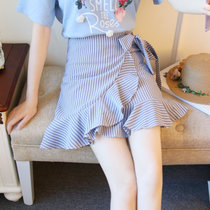 2018夏季韩版甜美小清新刺绣T恤荷叶边半身裙时尚套装裙两件套潮(单件蓝色短裙)(XL)