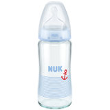 NUK宽口径玻璃奶瓶蓝色240ml(配硅胶奶嘴6个月以上中圆孔) 国美超市甄选