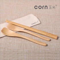 玉米 儿童勺子叉子筷子套装木质 宝宝创意三件套套餐野外便携(简约榉木勺叉+黄檀儿童筷)