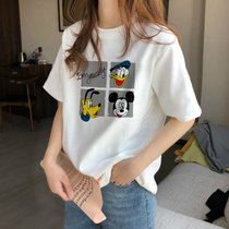 SUNTEK2022早春新款白色短袖T恤女夏季ins超火内搭小众设计感上衣服(XXXL 176-200斤 纯棉短袖【四格迪士尼】)