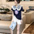 欧洲站蕾丝娃娃领卡通短袖t恤女薄拼接设计感T恤夏季(藏青色 L)