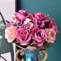 A欧式美式家居样板间复古花瓶花器摆件仿真玫瑰绢布花艺装饰摆设(升级版绒布红颜花艺两束（不含花瓶）)