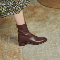 SUNTEK羊皮中跟女靴子2021秋冬季新款女鞋百搭米白色粗跟圆头小短靴(36 棕色（绒里）)