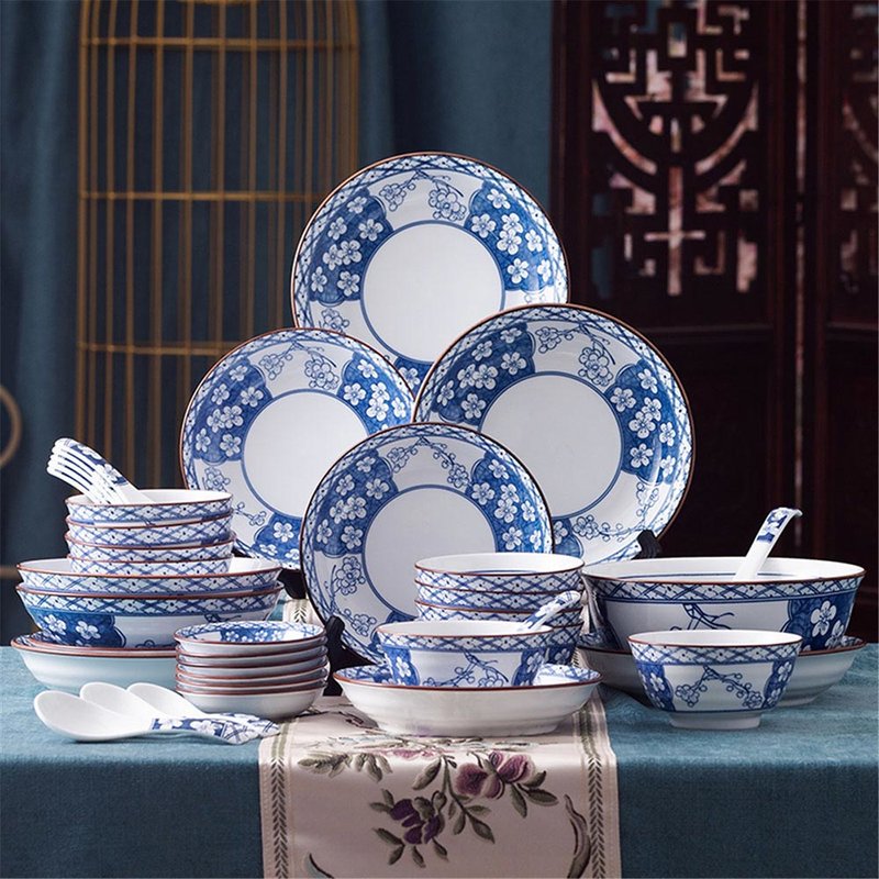 松发瓷器松发釉下彩38件套餐具碗碟盘陶瓷套装福满堂38件套釉下彩