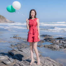 2018夏季新款韩版女装修身显瘦无袖气质小礼服镂空蕾丝连衣裙裙子(红色)(L)